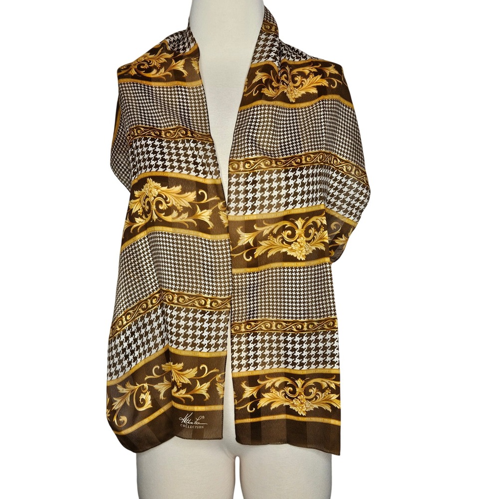 Kathie Lee Collection Scarf‎ Brown Gold Houndstooth Baroque Scroll Print Vintage